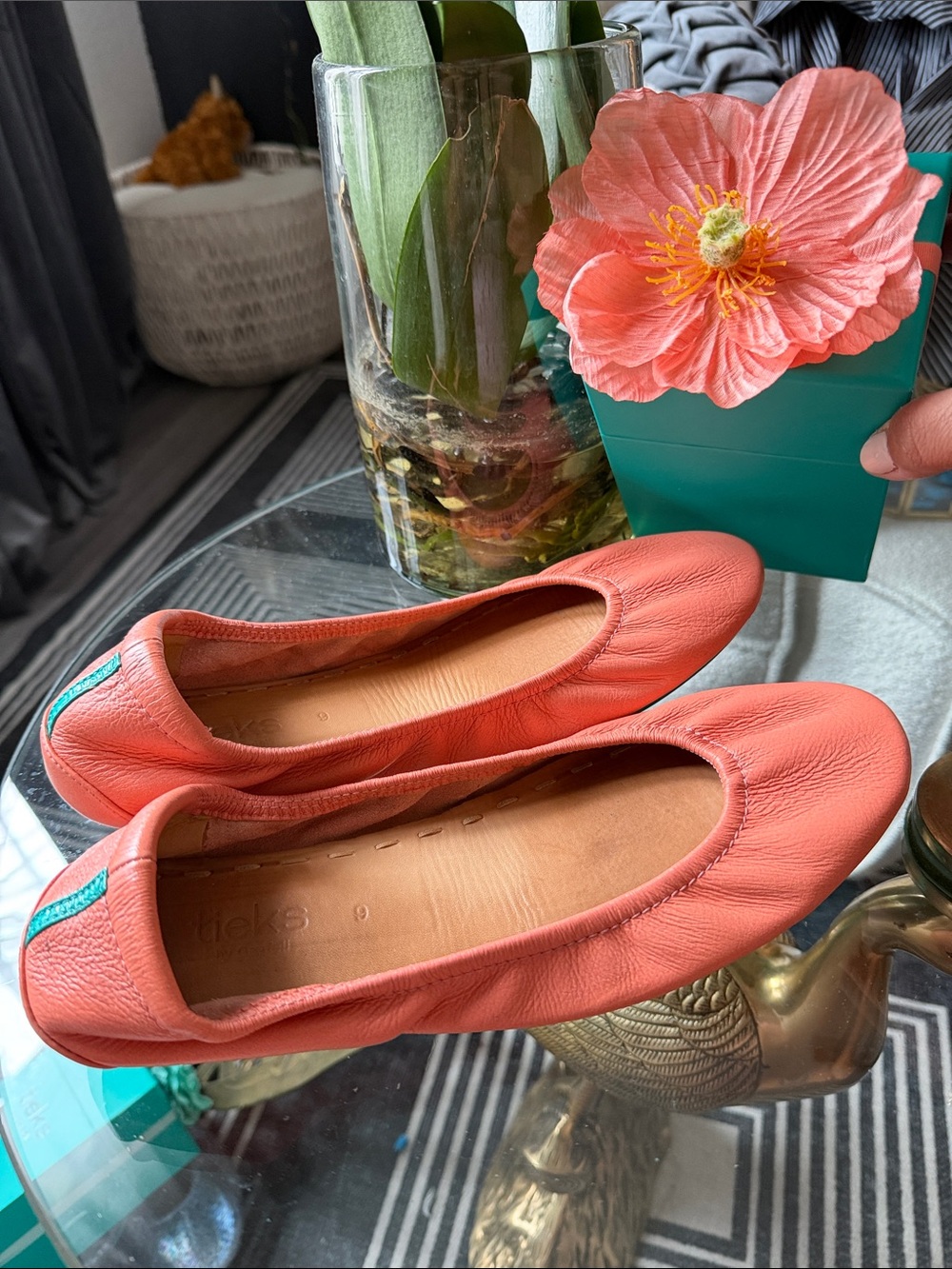Tieks Peach Poppy Leather Ballet Flats - Soft Slip-On Comfort - Picture 2 of 7